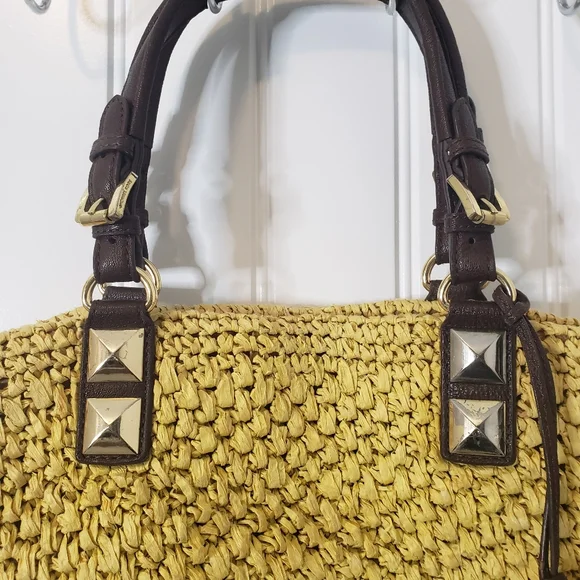 Michael Michael Kors Vintage Large Woven Straw Leather Handbag Satchel Tote - Picture 6 of 15